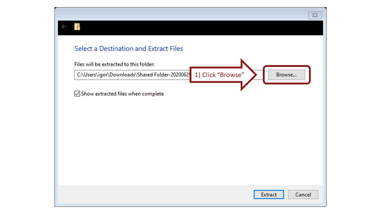 select destination and extract files
