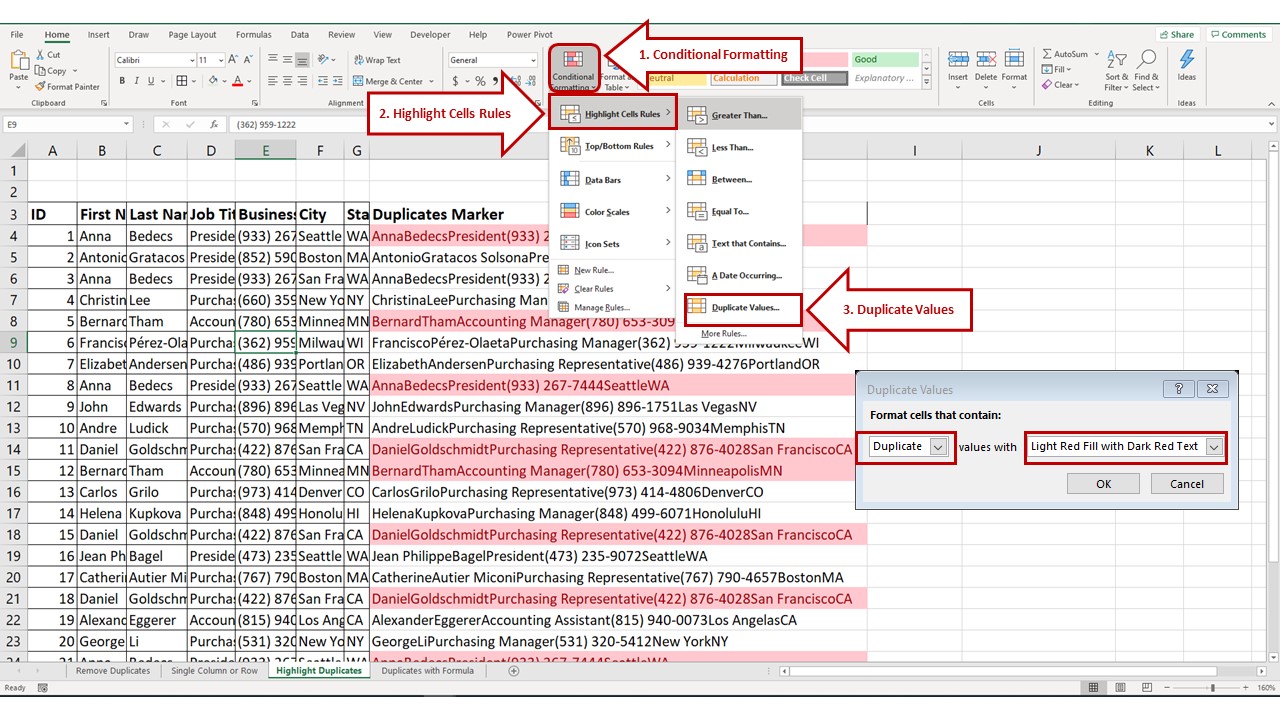 Apply Conditional Formatting to Duplicates Marker Column conditional format to identify duplicates in concatenated column