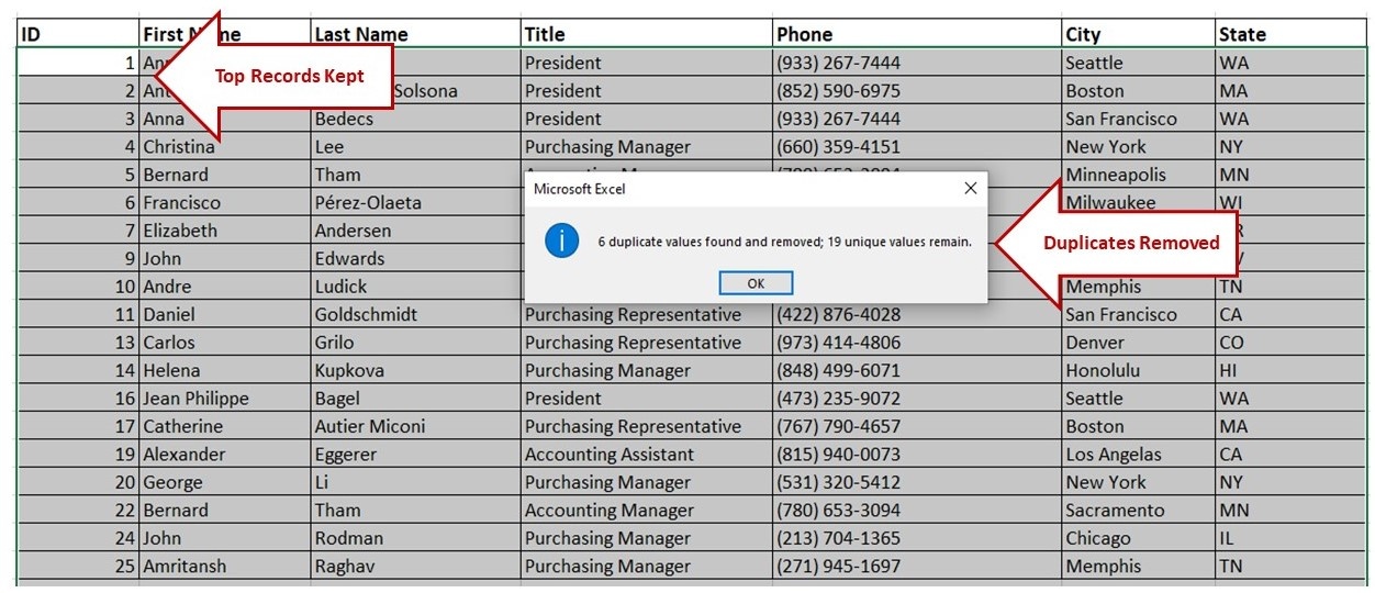 Duplicates found and removed excel remove duplicates confirmation dialogue box image