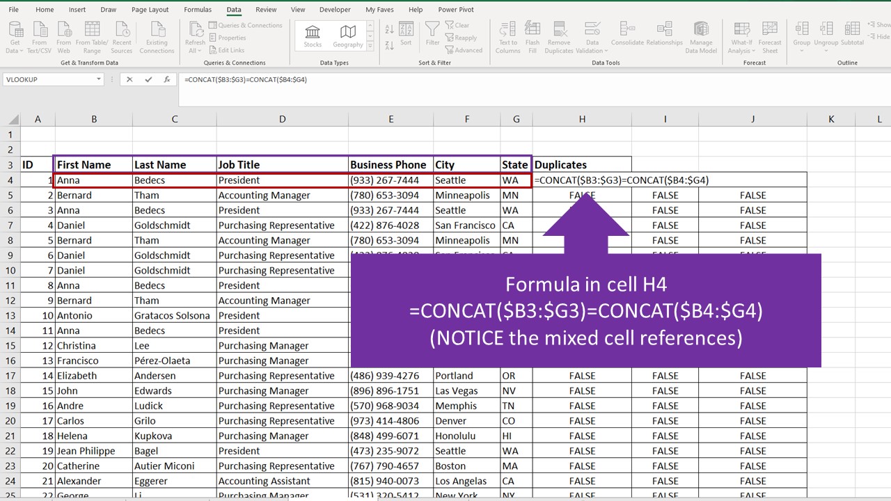 Compare Rows With CONCAT Function CONCAT Formula to Compare Rows