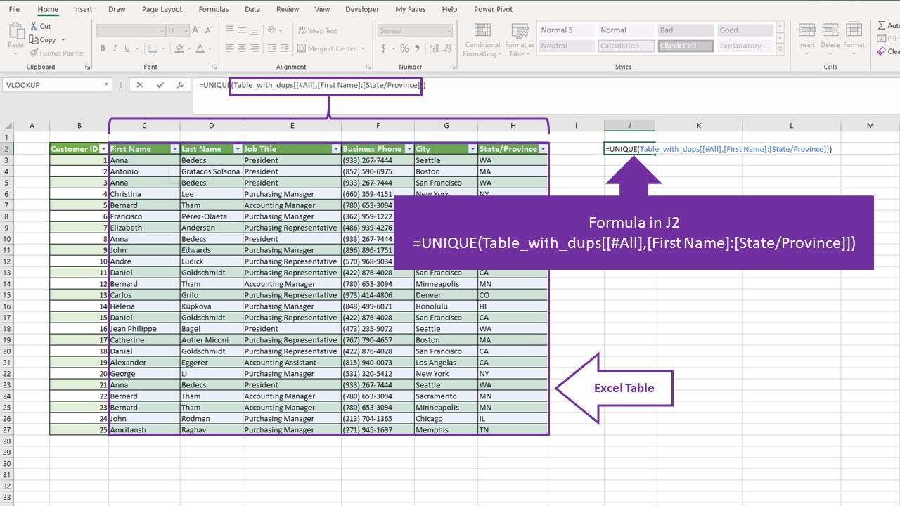 UNIQUE Function Formula Insert formula with the UNIQUE Function