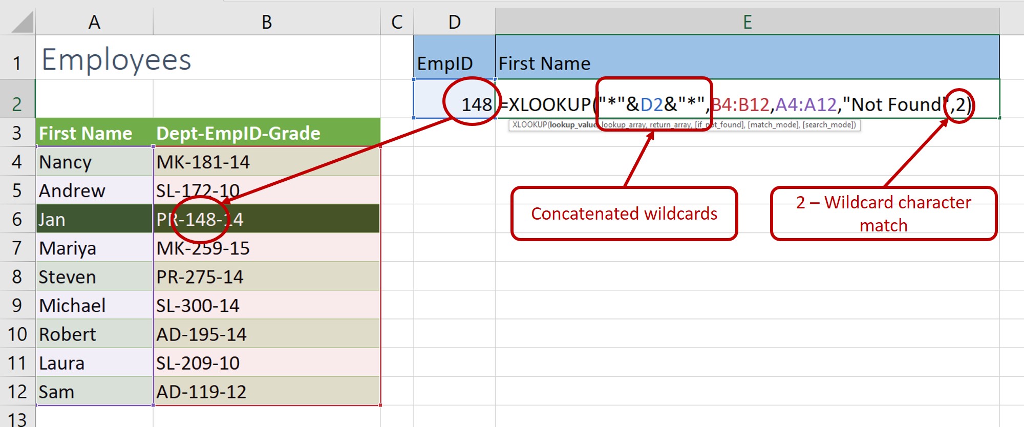 XLOOKUP Wildcard Character Match formula XLOOKUP wildcard character match mode formula